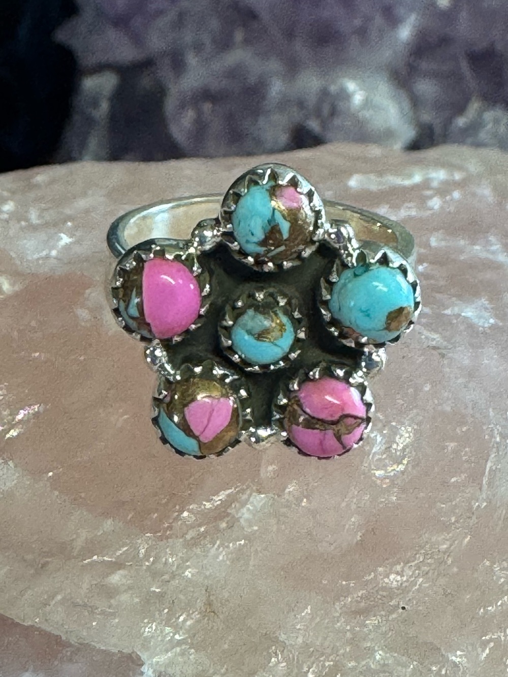 Cotton Candy Turquoise Dahlia Sterling Silver Cluster Ring - Size 7